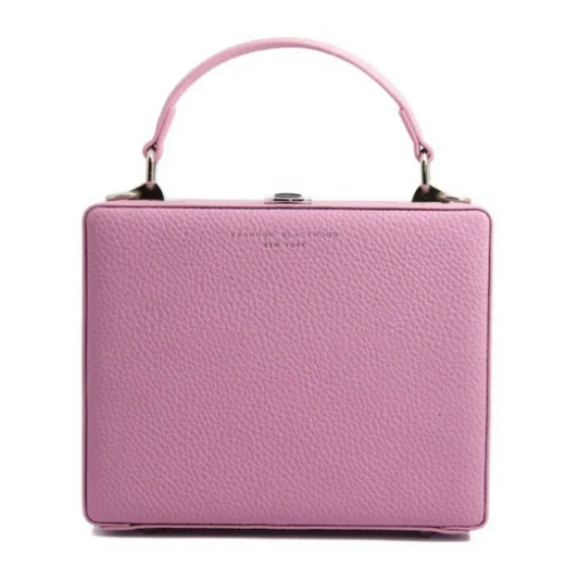 Pink handbag with a visible brand name on a white background